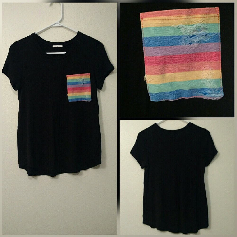 12PM Mon Ami Rainbow Distressed Pocket Black Tee